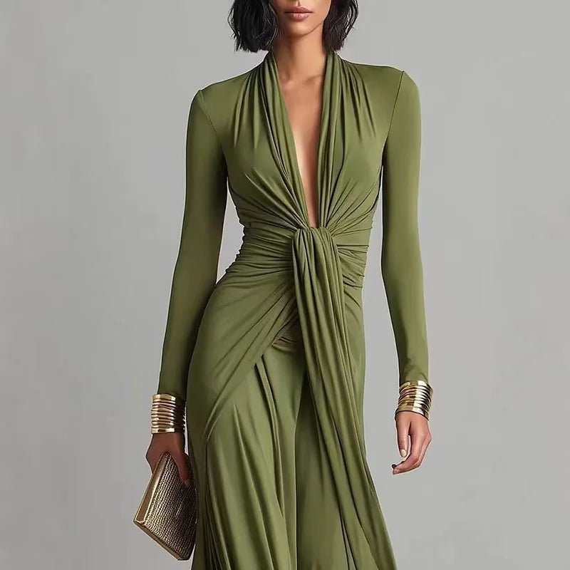 Elegant women's long dress with deep V-neck, floor-length evening dress with ruched knot design, new autumn boho dress with long sleeves and slim fit