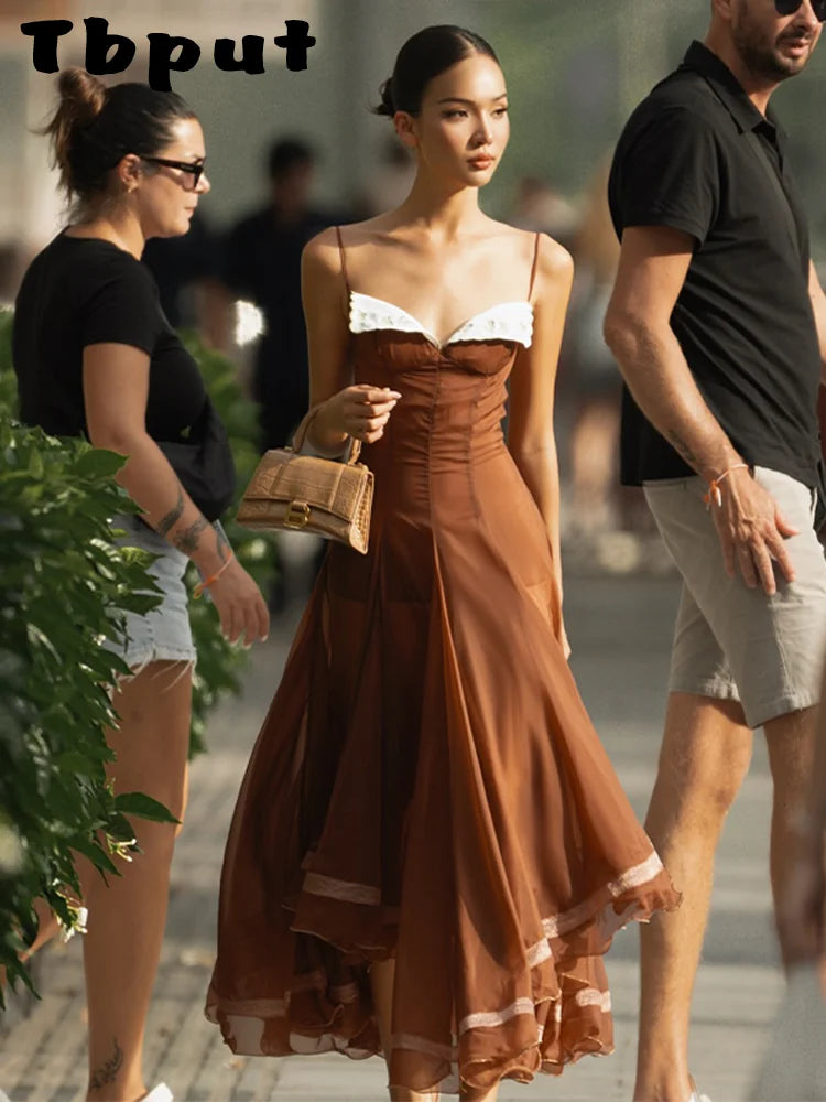 Elegant Women's Chiffon Dress with Spaghetti Straps and Ruffled Hem A-line, Summer 2026 Gown for Ladies for Weddings and Occasions