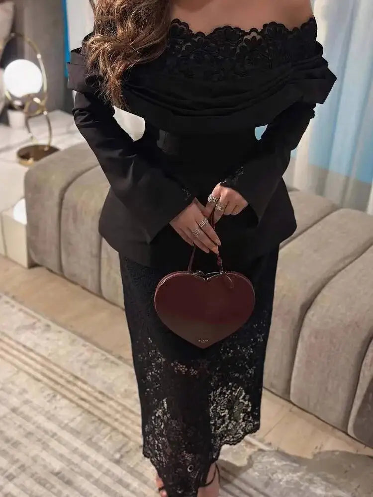 LGRQ 2026 evening dress for women, featuring an off-shoulder design with elegant lace details, a slanted neckline, stylish statement sleeves, and a high-waisted slim fit. Perfect for spring and autumn occasions.