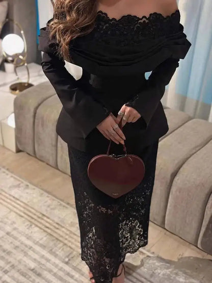 LGRQ 2026 evening dress for women, featuring an off-shoulder design with elegant lace details, a slanted neckline, stylish statement sleeves, and a high-waisted slim fit. Perfect for spring and autumn occasions.