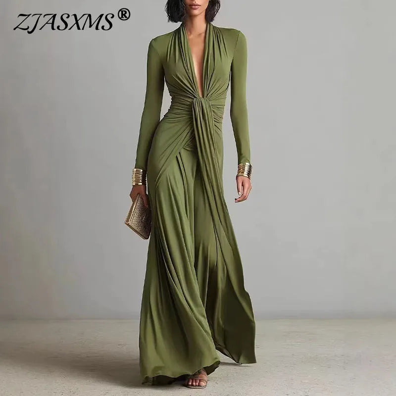 Elegant women's long dress with deep V-neck, floor-length evening dress with ruched knot design, new autumn boho dress with long sleeves and slim fit