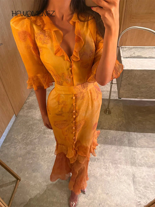 Women's casual printed V-neck half-sleeve bodycon dress with a defined waist and a flared skirt around the hips, women's dress for Spring/Summer 2026