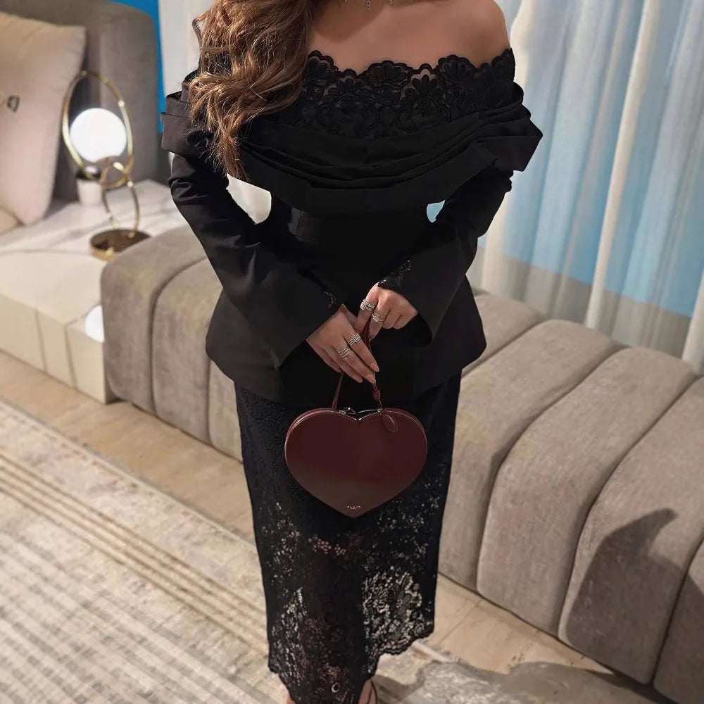 LGRQ 2026 evening dress for women, featuring an off-shoulder design with elegant lace details, a slanted neckline, stylish statement sleeves, and a high-waisted slim fit. Perfect for spring and autumn occasions.
