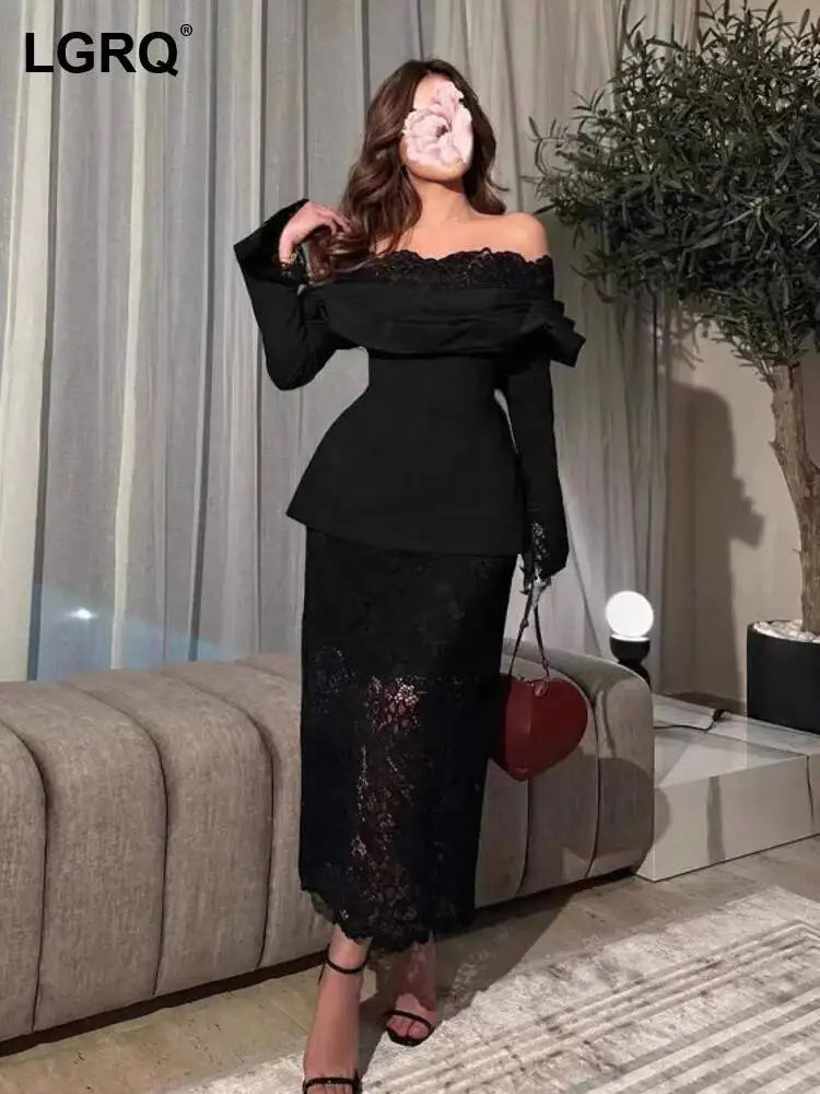 LGRQ 2026 evening dress for women, featuring an off-shoulder design with elegant lace details, a slanted neckline, stylish statement sleeves, and a high-waisted slim fit. Perfect for spring and autumn occasions.