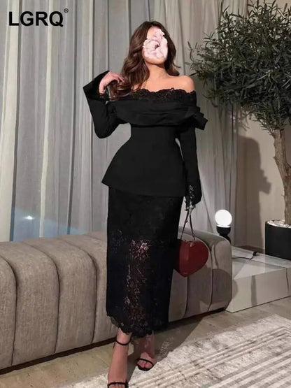 LGRQ 2026 evening dress for women, featuring an off-shoulder design with elegant lace details, a slanted neckline, stylish statement sleeves, and a high-waisted slim fit. Perfect for spring and autumn occasions.